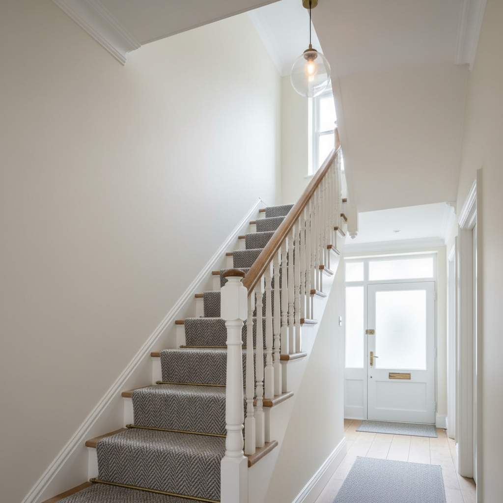 An immaculate refurbished London townhouse hallway in photographic realism, emphasizing first impressions. A freshly installed staircase with white-painted spindles and a natural oak handrail ascends along a perfectly plastered wall in a soft off-white tone. Underfoot, a runner in a subtle grey herringbone pattern is tightly fitted, with neat brass stair rods glinting under warm pendant lighting from a simple glass shade. Decorative coving and a crisp ceiling line showcase careful finishing. At the far end, daylight streams through a frosted front door, casting soft shadows and highlighting the smoothness of the finishes. Shot from the base of the stairs with a slightly upward angle, the composition draws the eye along the stairs, conveying a welcoming, professional, and carefully curated renovation.