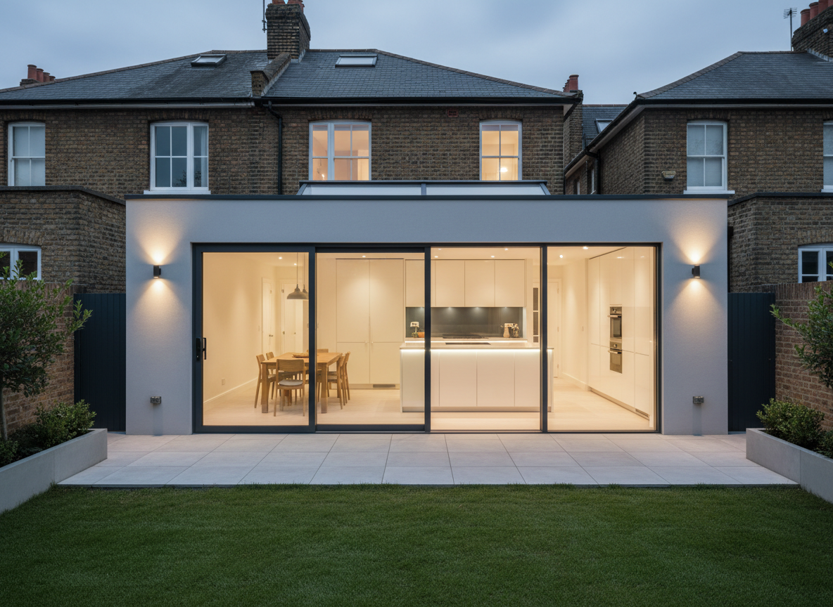 A rear London terrace house extension in photographic realism, viewed from the compact garden at twilight. The new single-storey extension features smooth rendered walls, dark aluminium sliding doors, and a slim roof lantern glowing from within. Inside, a bright refurbished kitchen-diner is visible: glossy cabinetry, a central island, and a dining table arranged on perfectly laid large-format tiles. Warm interior lighting spills into the garden, illuminating freshly laid patio slabs and a neatly edged lawn bordered by simple planters. The overcast evening sky adds a soft blue contrast to the warm interior glow. Shot from a slightly low angle with strong depth of field, the composition emphasizes the transition from traditional brick upper floors to the crisp, modern extension, evoking a sense of added space and value.