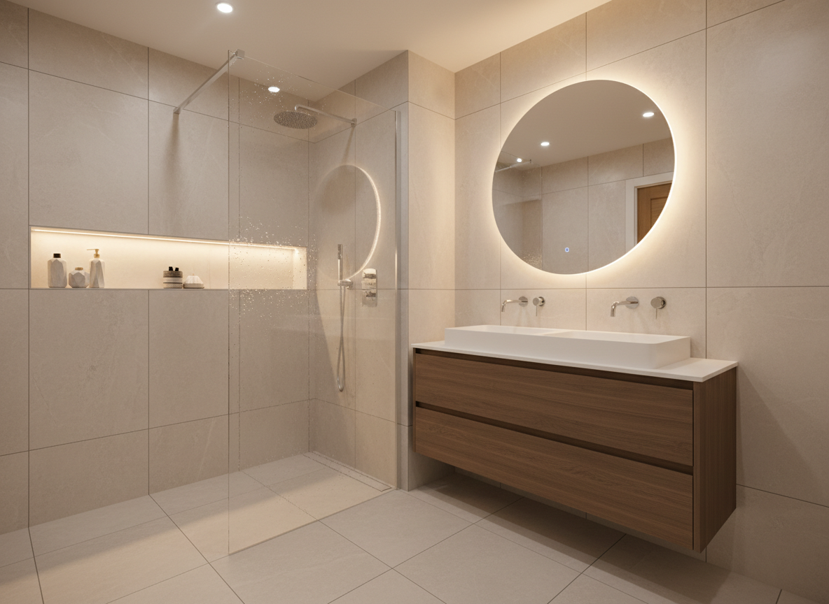 A luxurious refurbished London bathroom shown in photographic realism, highlighting premium workmanship. Large-format light stone-effect porcelain tiles cover the floor and walls, with razor-straight grout lines and perfectly aligned edges. A frameless glass walk-in shower features a recessed niche with LED strip lighting, showcasing neatly arranged toiletries as non-branded shapes. A wall-hung vanity with a white composite basin and soft-close drawers sits beneath a backlit mirror, reflecting diffused warm light from ceiling spots. The chrome fixtures are spotless, with tiny water droplets on the glass catching the light. Captured at an eye-level, wide-angle view to show the full layout, the atmosphere is spa-like, calm, and immaculately finished, underlining the quality of the renovation.