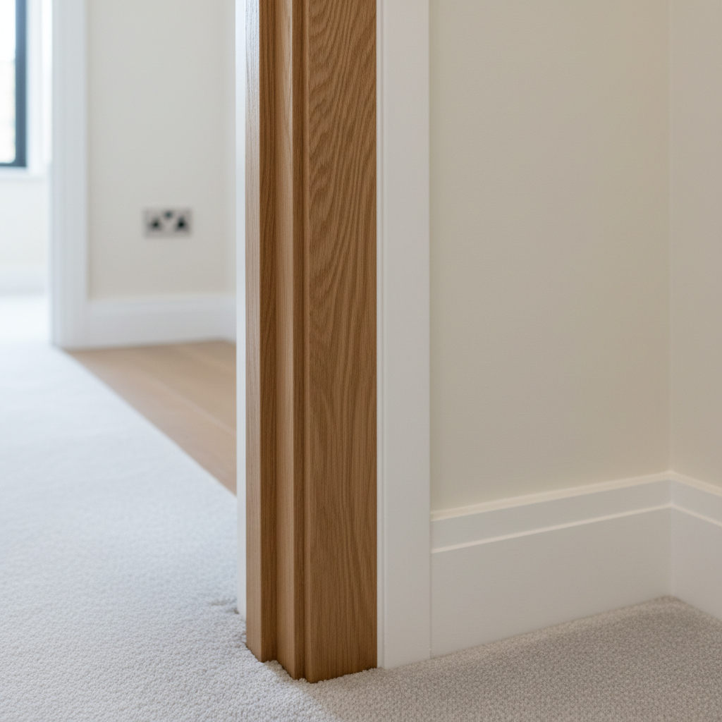 A detailed close-up of professional refurbishment workmanship inside a renovated London flat, shown in photographic realism. The camera focuses on the junction where a newly installed oak doorframe meets a freshly plastered and painted wall and a light grey carpet. The mitred architrave joints are perfectly tight, the caulking line is smooth, and the paint finish is flawless with a consistent satin sheen. Soft natural light from an unseen window grazes the surfaces, revealing the subtle texture of the plaster and the grain of the timber. The background falls into a gentle blur, hinting at a fully refurbished interior with straight skirting lines and flush sockets. The mood is quietly confident and meticulous, showcasing the precision and care taken in the refurbishment details.
