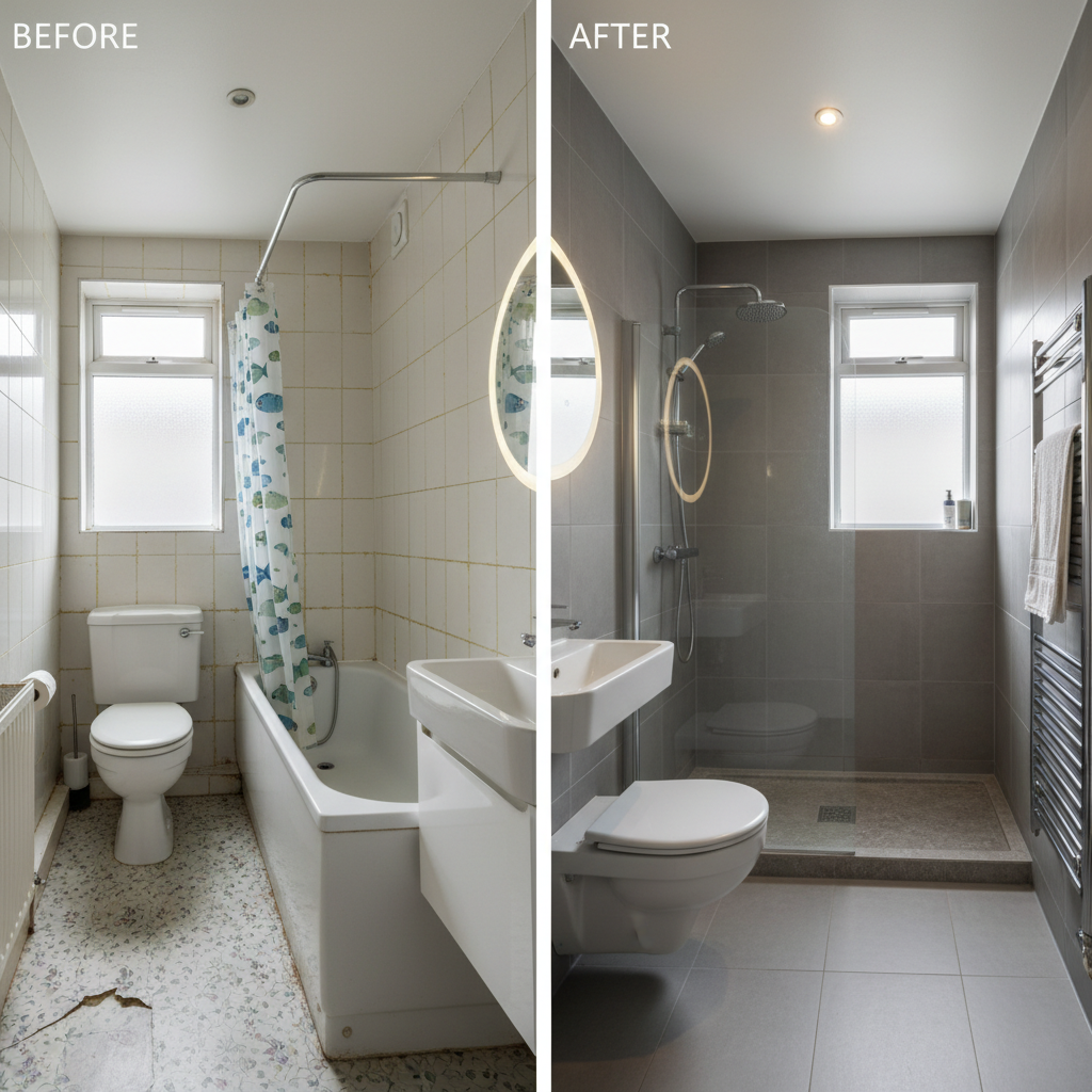 A side-by-side photographic realism composition of a London bathroom renovation before and after. On the left, an outdated space with peeling vinyl flooring, discoloured grout, and a bulky bathtub with a plastic curtain. On the right, the same viewpoint reveals a sleek walk-in shower with a low-profile tray, frameless glass, and large matte grey tiles. A modern wall-hung toilet and compact vanity maximize the narrow room. A tall heated towel rail with perfectly aligned rungs gleams under bright yet soft ceiling spots. The natural light from a small frosted window appears in both halves, but in the after image it reflects subtly off pristine surfaces. The mood is transformative and reassuring, clearly demonstrating the benefits of a professional refurb done right the first time.