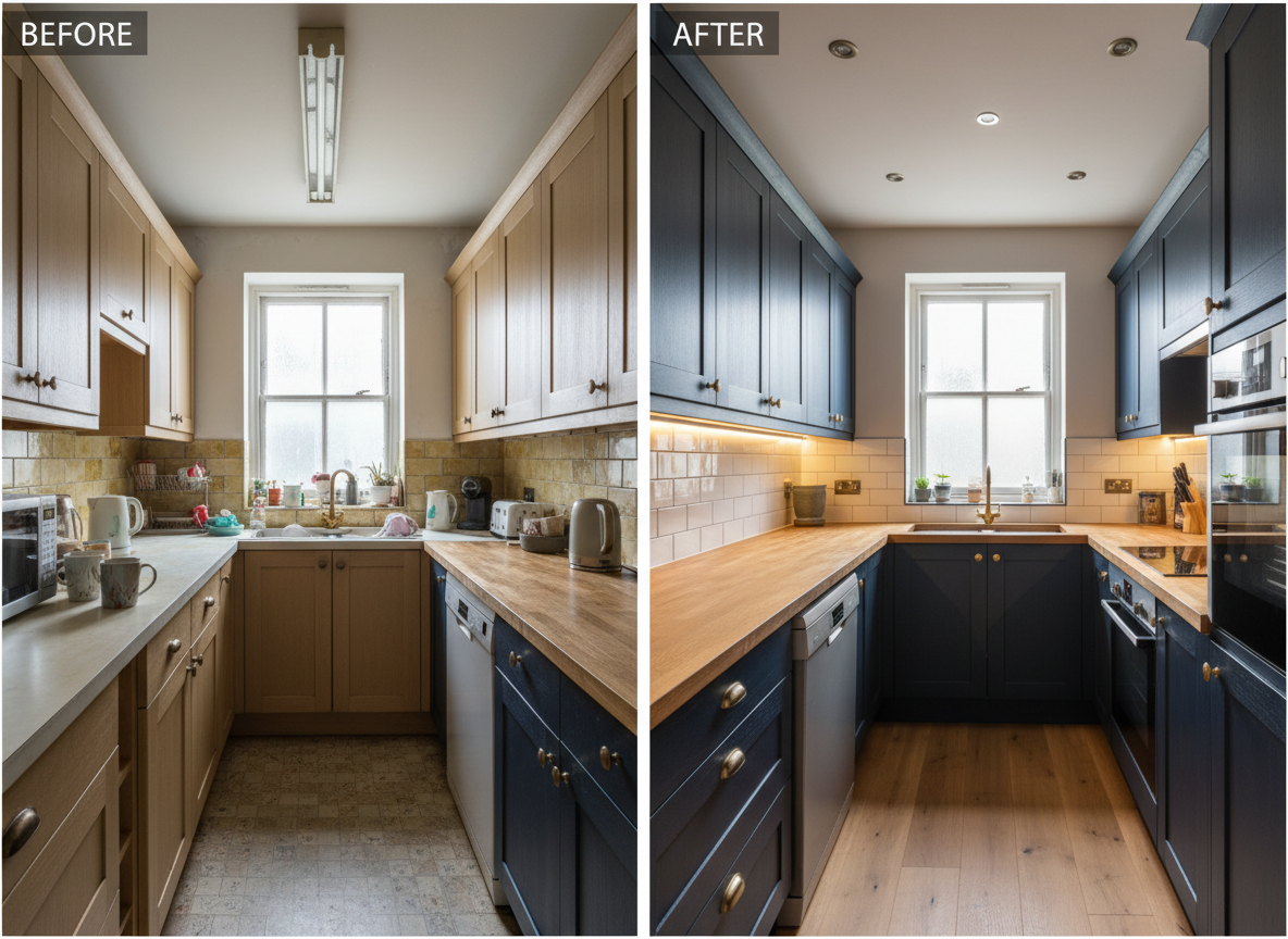 A dramatic before-and-after split-image of a London galley kitchen renovation, rendered in photographic realism. On the left, a dated, cluttered space with worn laminate worktops, yellowed tiles, and tired cabinets. On the right, the same angle reveals a sleek transformation: shaker-style navy cabinets with brass hardware, white subway tiles with dark grout, and a solid oak worktop. Integrated appliances sit flush with the cabinetry, and a slimline LED under-cabinet strip casts even, warm light on the new finishes. Natural daylight from a small sash window combines with ceiling spots to create gentle reflections on the clean surfaces. Shot from a slightly elevated perspective, the mood is confident and professional, emphasizing the precision of the refurbishment.